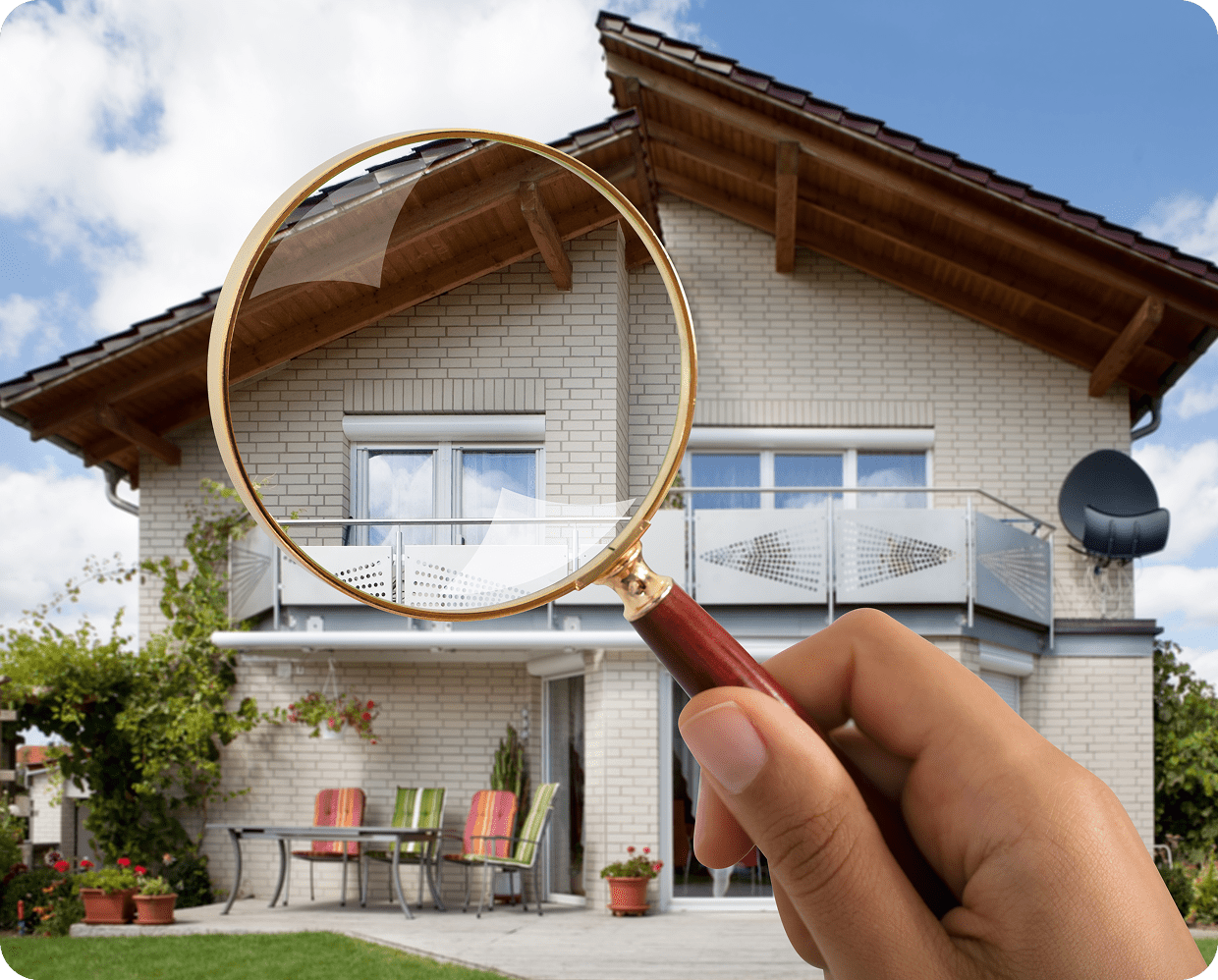 Magnifying glass focusing on a house exterior.